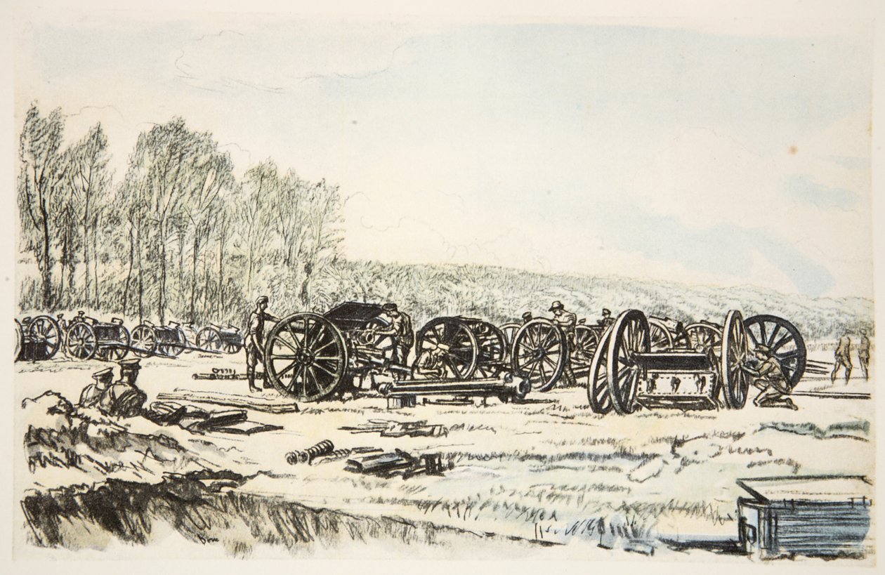 Muži RFA čistí své zbraně, ilustrace z knihy "The Western Front", vydavatelství Country Life Ltd. od David Muirhead Bone