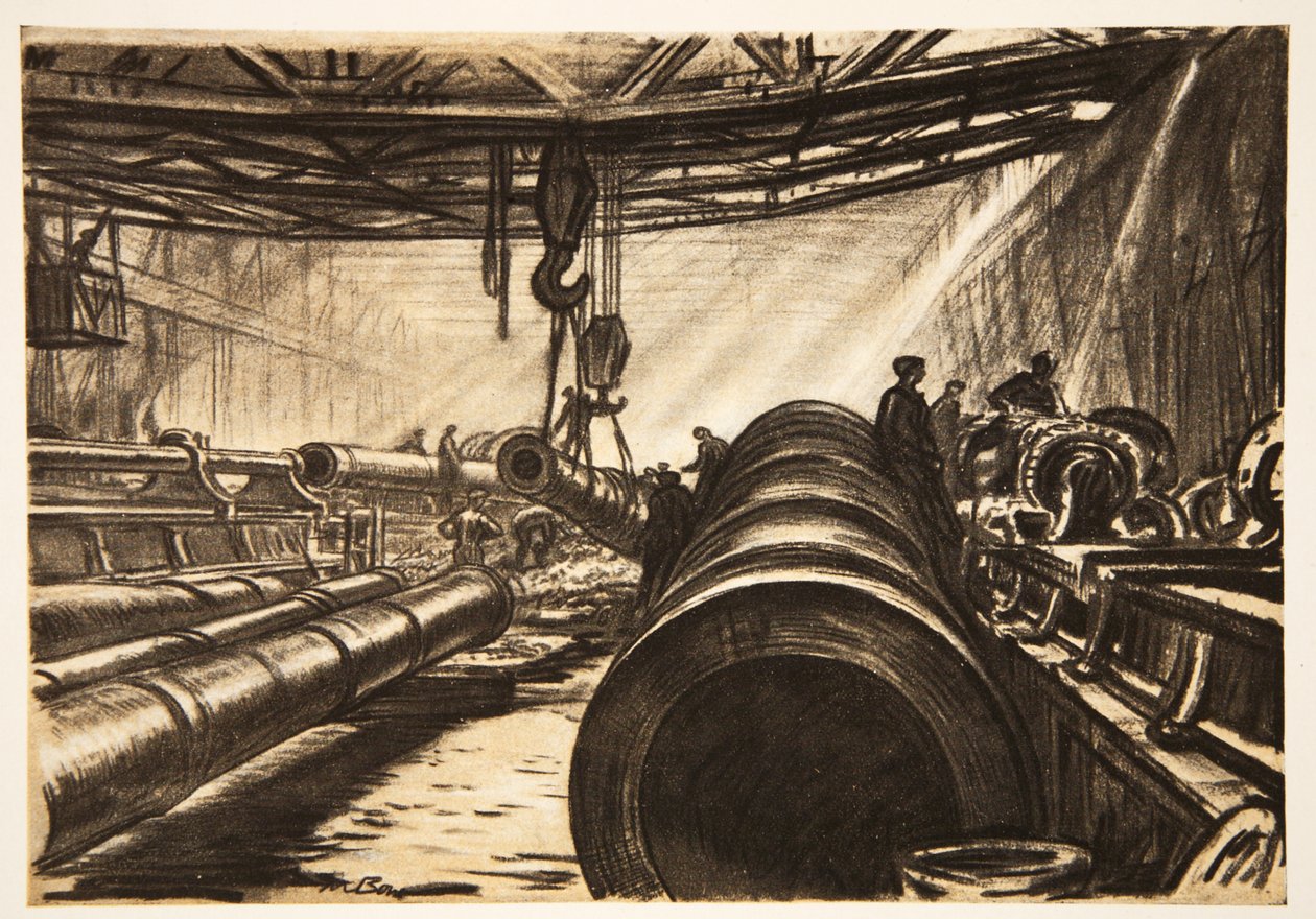 Přesun těžkých děl, ilustrace z knihy "The Western Front", vydavatelství Country Life Ltd. od David Muirhead Bone