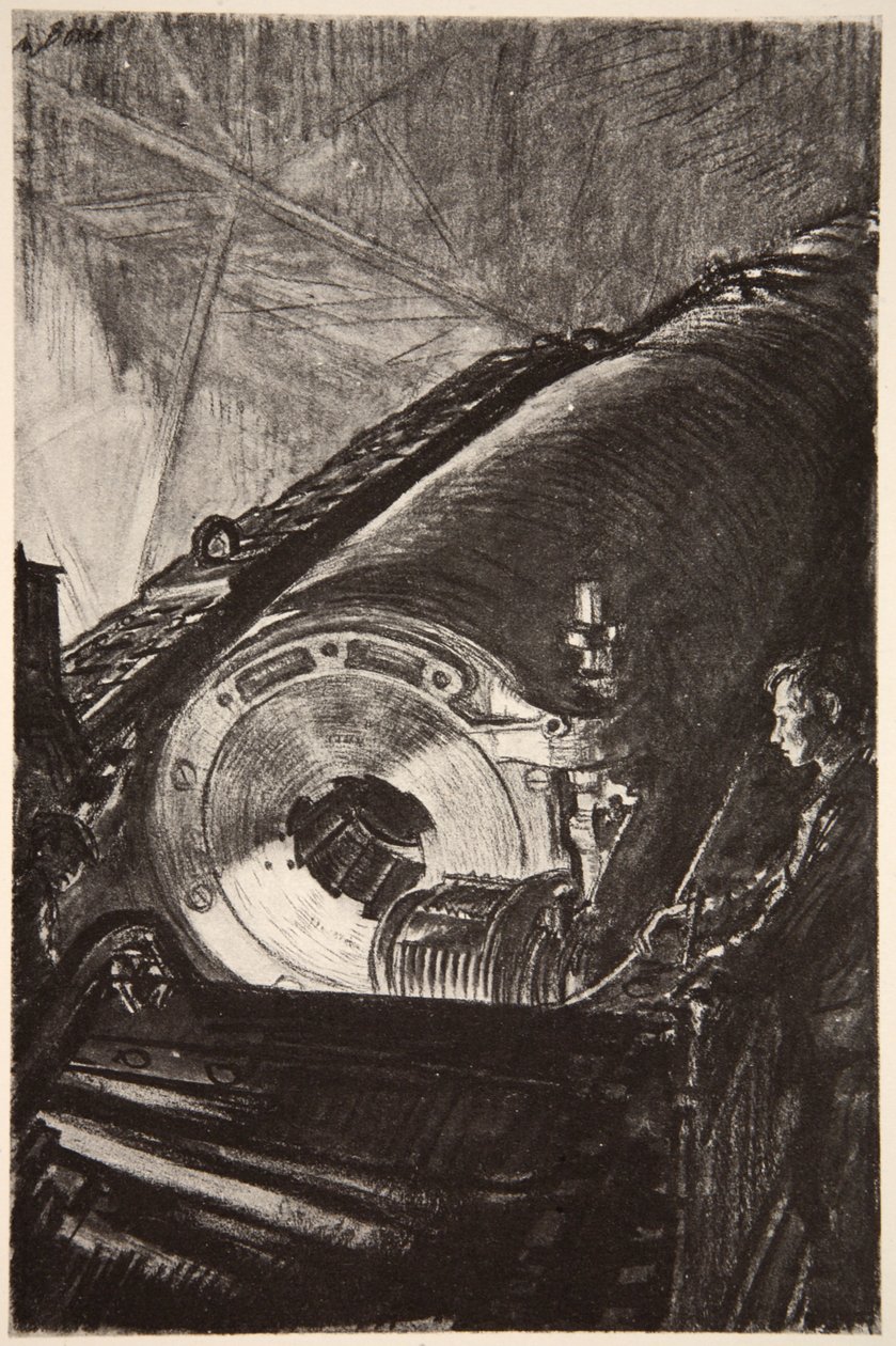 Noční práce na závěru velkého děla, ilustrace z knihy "The Western Front", vydavatelství Country Life Ltd. od David Muirhead Bone