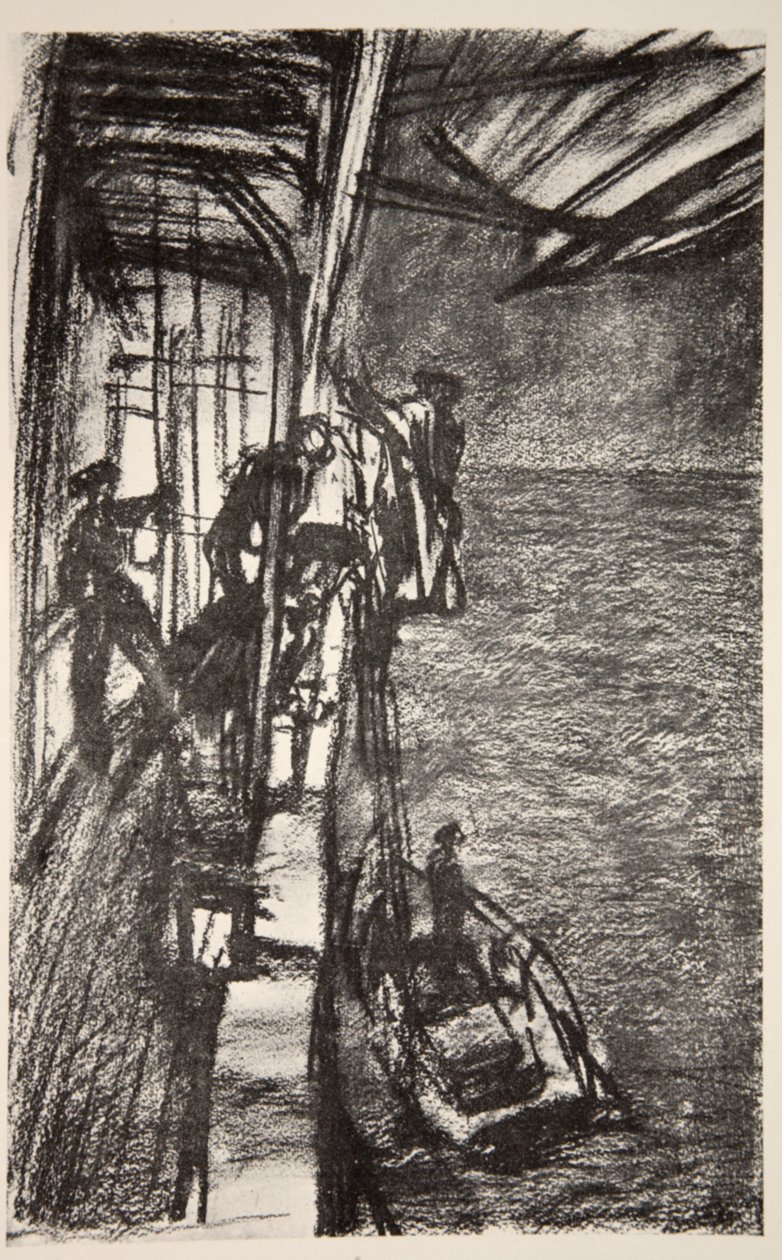 U Havru: pilot na palubě nemocniční lodi, ilustrace z knihy "The Western Front", vydavatelství Country Life Ltd. od David Muirhead Bone