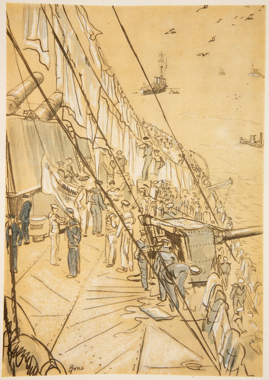 Na bitevní lodi: povětrnostní přikrývky, ilustrace z knihy "The Western Front", vyd. Country Life Ltd. od David Muirhead Bone
