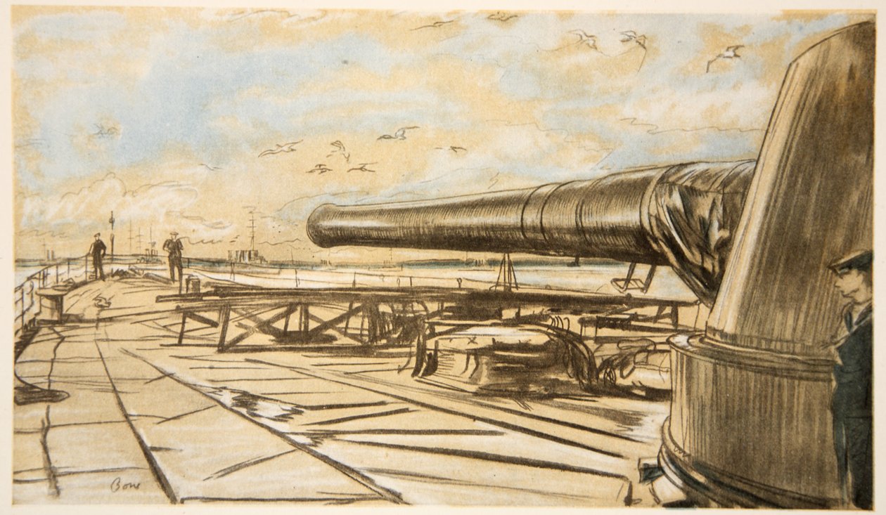 Na bitevní lodi: dělová věž, ilustrace z knihy "The Western Front", vydavatelství Country Life Ltd. od David Muirhead Bone