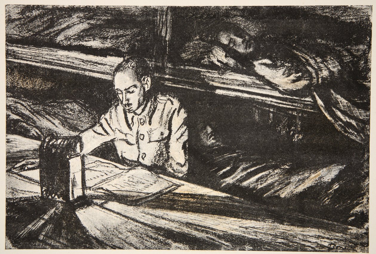 Na nemocniční lodi v noci: Orderly, ilustrace z knihy "The Western Front", vydavatelství Country Life Ltd. od David Muirhead Bone