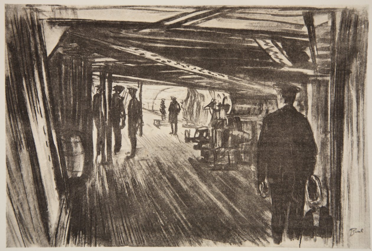 Na palubě bitevního křižníku: mezi palubami, ilustrace z knihy "The Western Front", vydavatelství Country Life Ltd. od David Muirhead Bone