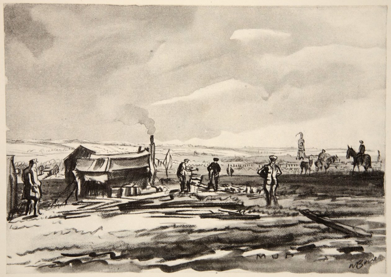 Na Sommě: Bahno, ilustrace z knihy "The Western Front", vydavatelství Country Life Ltd. od David Muirhead Bone
