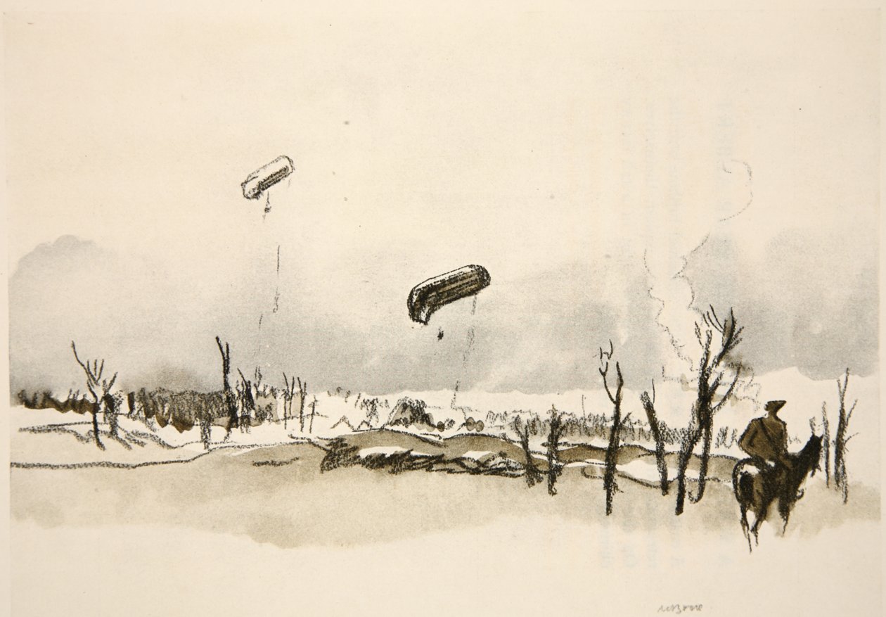 Na Sommě: balóny s klobásami, ilustrace z knihy "The Western Front", vydavatelství Country Life Ltd. od David Muirhead Bone