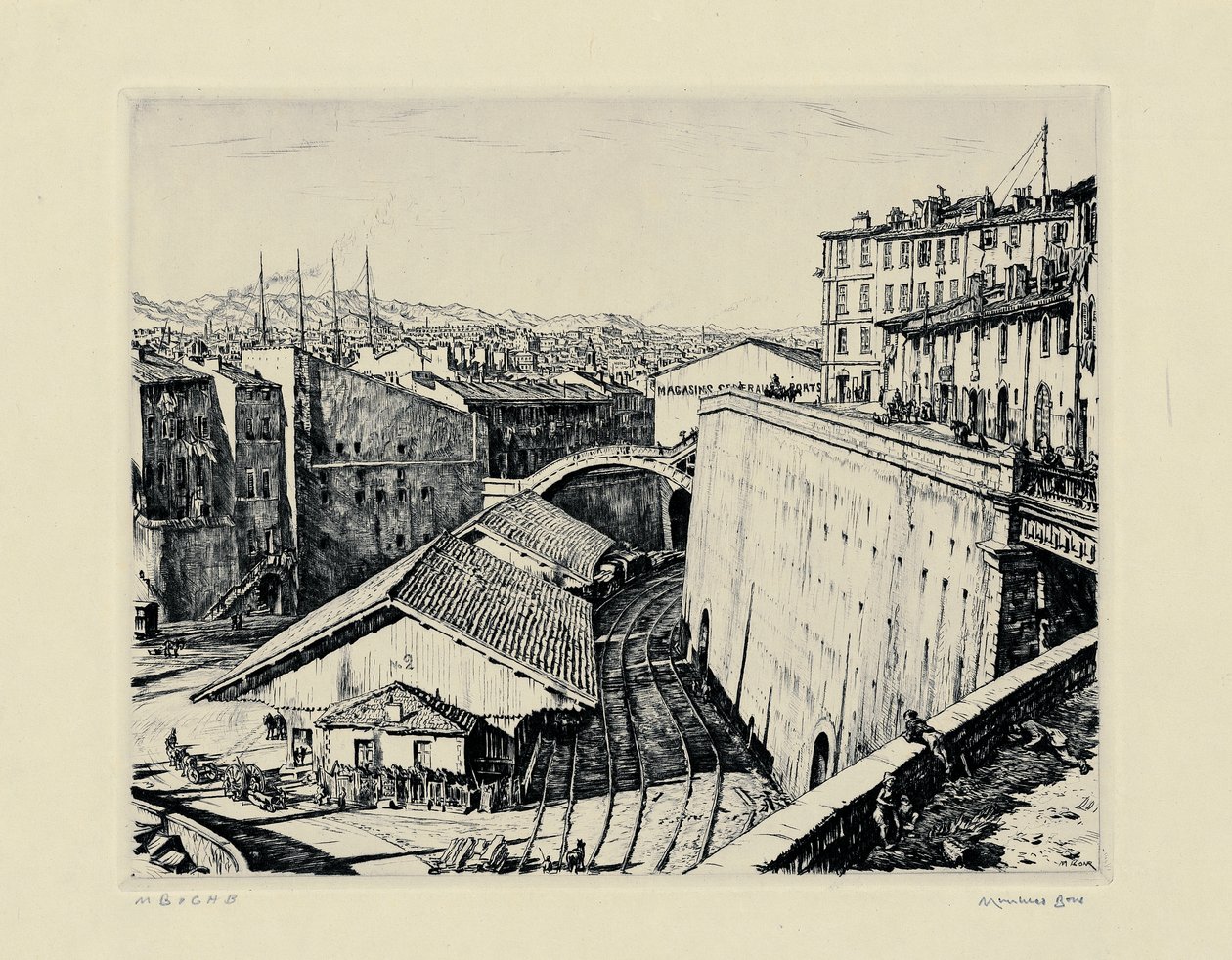 Železniční boudy, Marseille od David Muirhead Bone