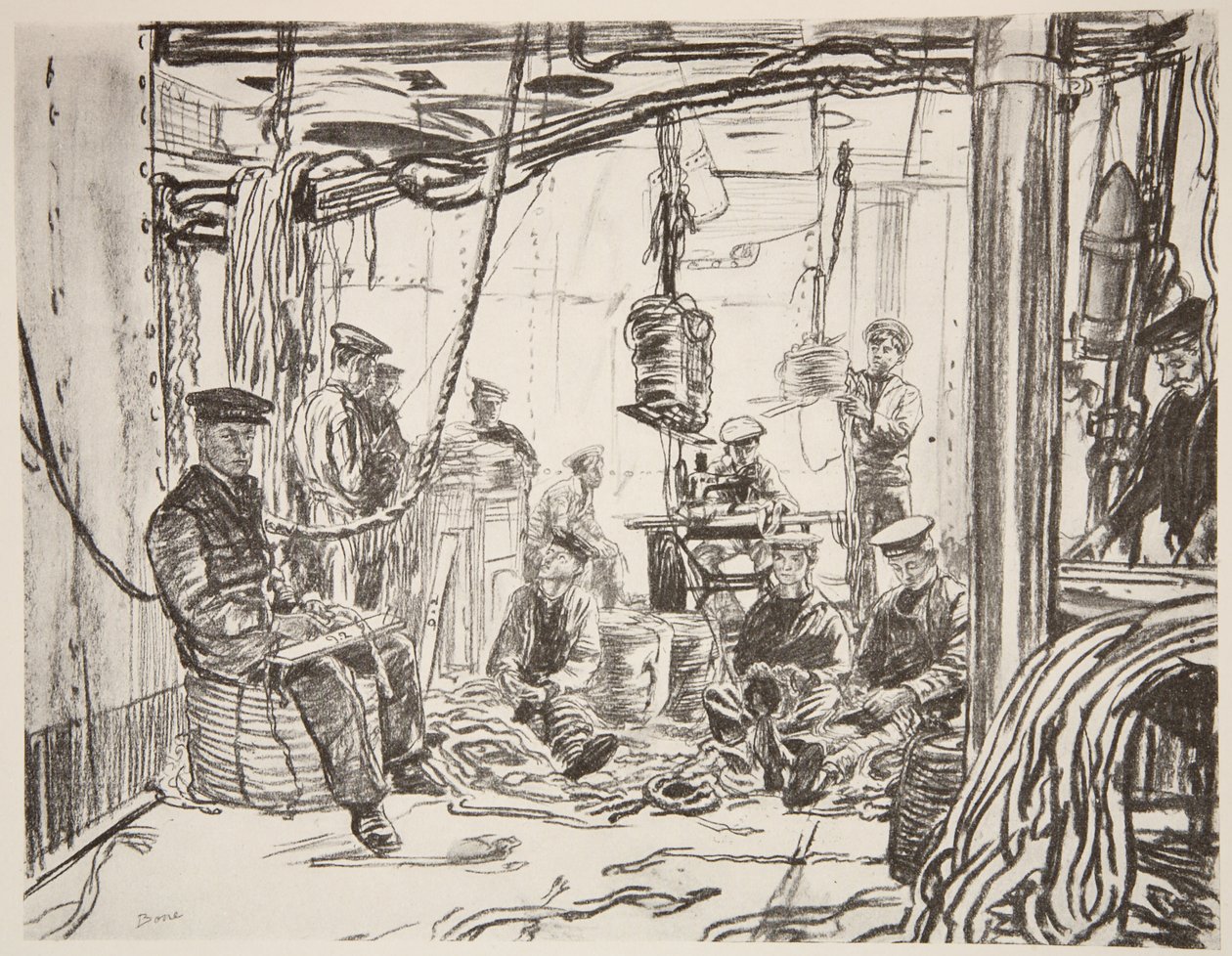 Námořníci na bitevní lodi vyrábějící munici pro armádu, ilustrace z knihy "The Western Front", vyd. Country Life Ltd. od David Muirhead Bone