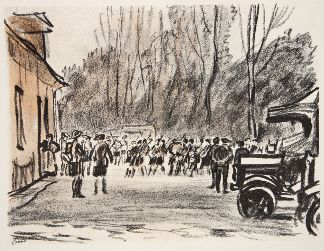 Skotští dudáci, ilustrace z knihy "The Western Front", vydavatelství Country Life Ltd. od David Muirhead Bone