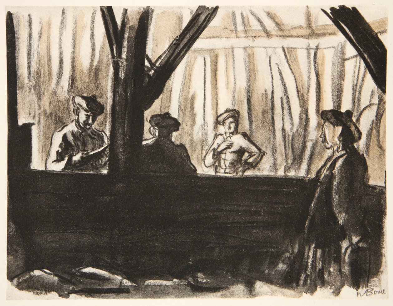 Skotští vojáci ve francouzské stodole, ilustrace z knihy "The Western Front", vydavatelství Country Life Ltd. od David Muirhead Bone