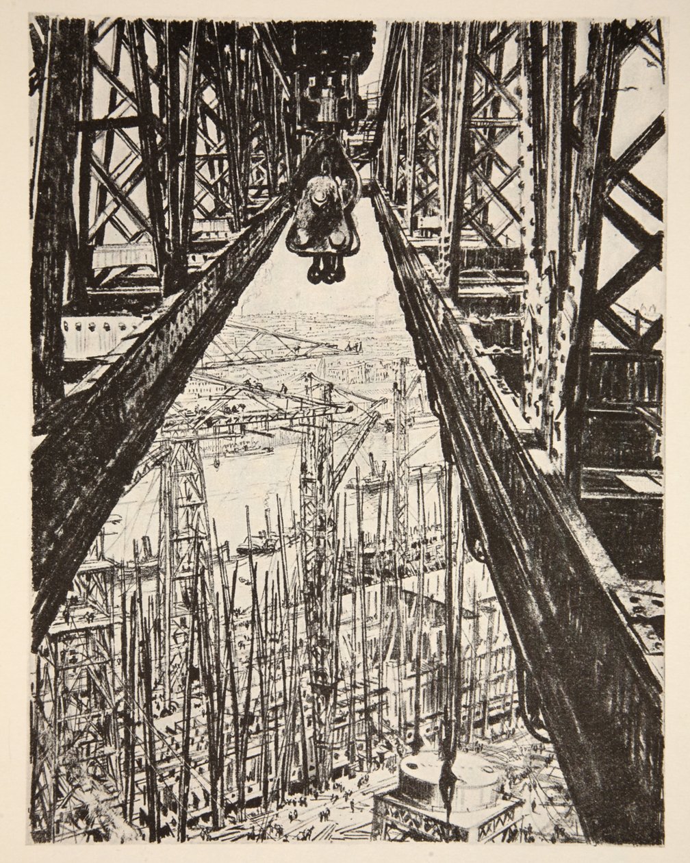 Loděnice z pohledu od Big Crane, ilustrace z knihy "The Western Front", vydavatelství Country Life Ltd. od David Muirhead Bone