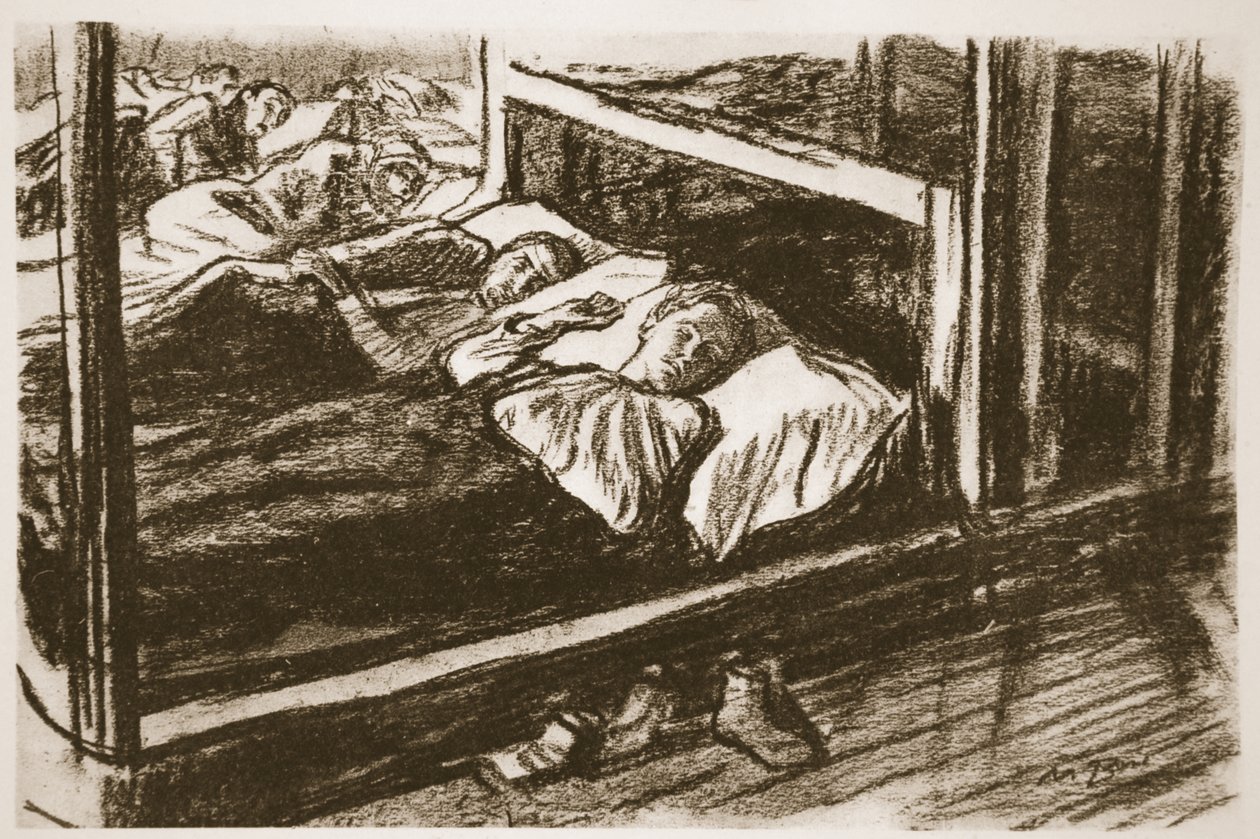 Spící ranění ze Sommy, ilustrace z knihy "The Western Front", vydavatelství Country Life Ltd. od David Muirhead Bone