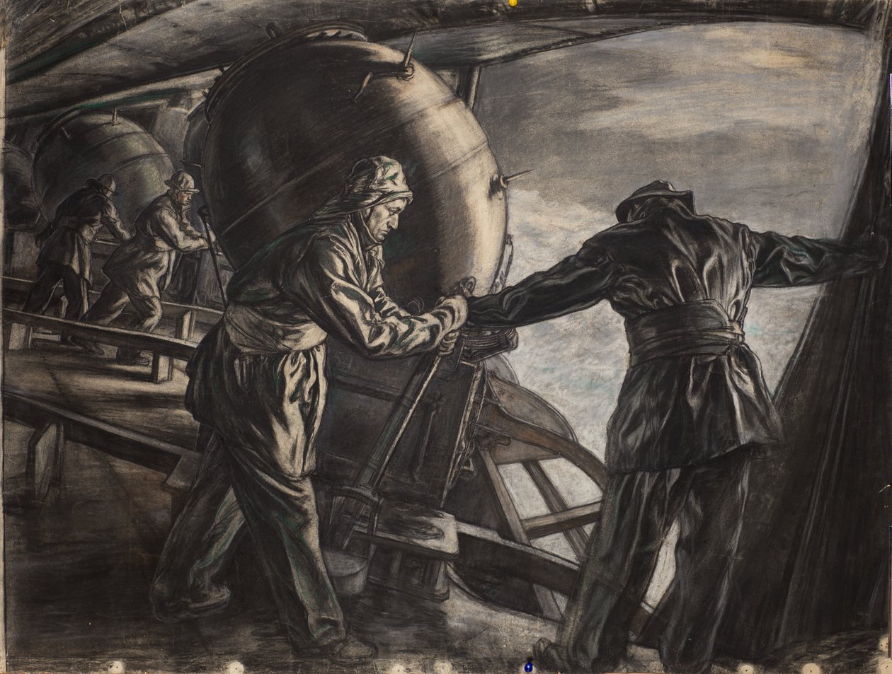Studie k zimnímu kladení min u Islandu, cca 1942 (uhel a barevné křídy na papíře) od David Muirhead Bone