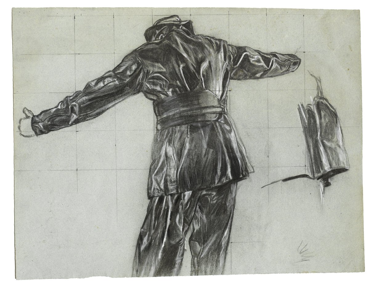 Studie k zimnímu kladení min u Islandu, cca 1942, kat. č. 9 (uhlová tužka a křída na papíře) od David Muirhead Bone