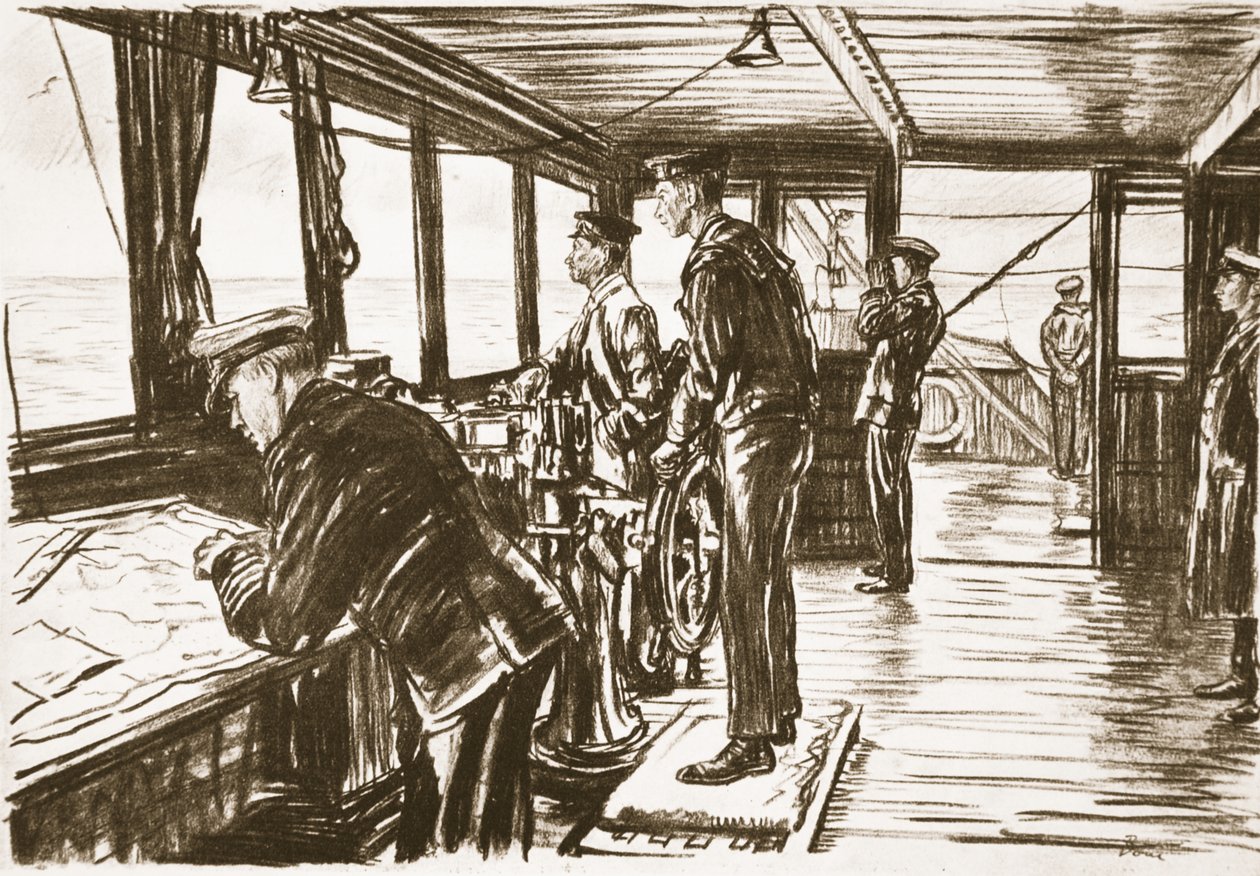 Můstek obchodní lodi na moři, ilustrace z knihy "The Western Front", vydavatelství Country Life Ltd. od David Muirhead Bone