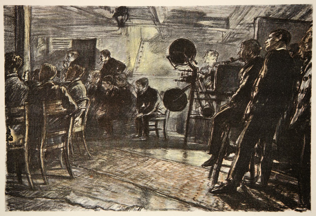 Kino na bitevní lodi, ilustrace z knihy "The Western Front", vydavatelství Country Life Ltd. od David Muirhead Bone