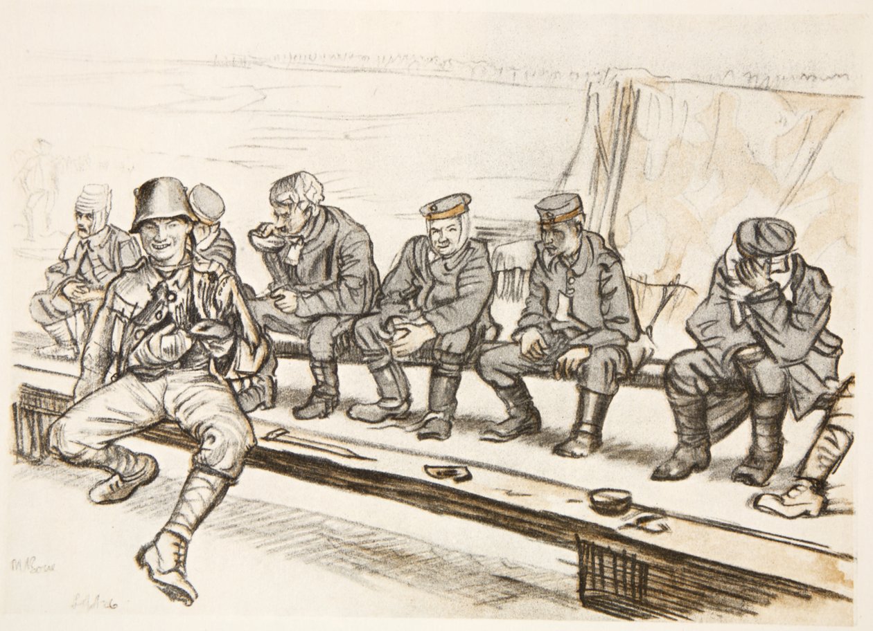 Šťastný bojovník, ilustrace z knihy "The Western Front", vydavatelství Country Life Ltd. od David Muirhead Bone
