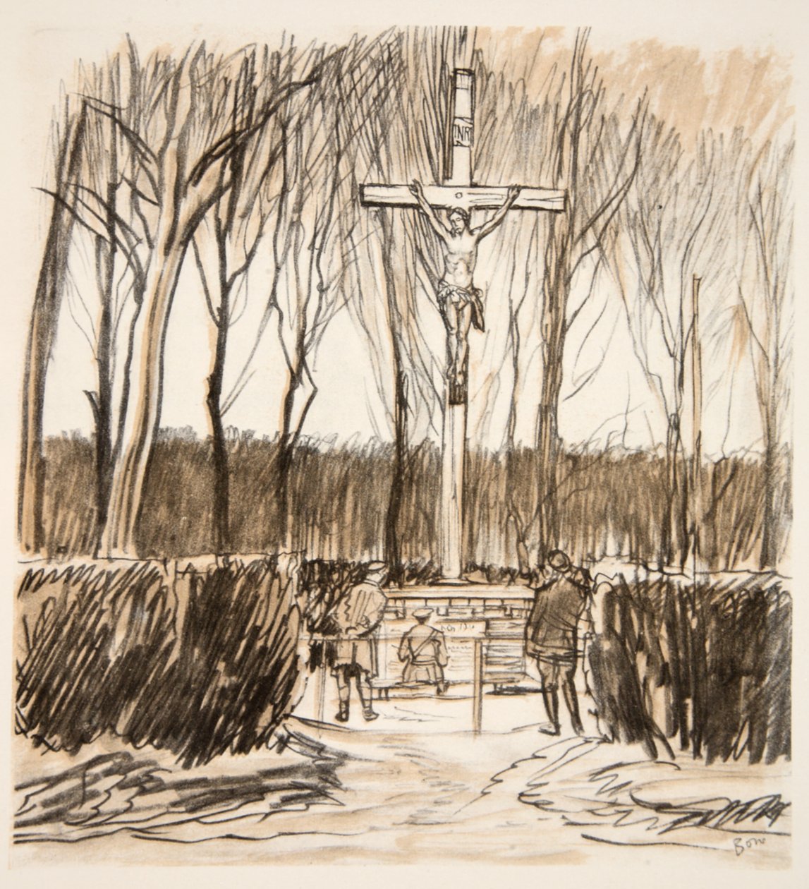 Památník na poli u Agincourtu, ilustrace z knihy "The Western Front", vydavatelství Country Life Ltd. od David Muirhead Bone