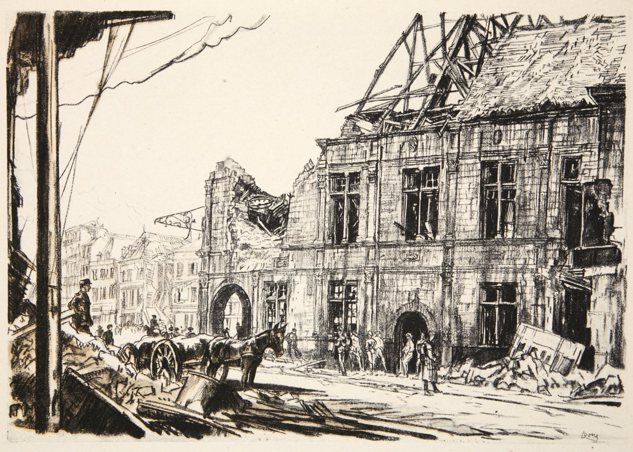Radnice v Peronne, ilustrace z knihy "The Western Front", vydavatelství Country Life Ltd. od David Muirhead Bone