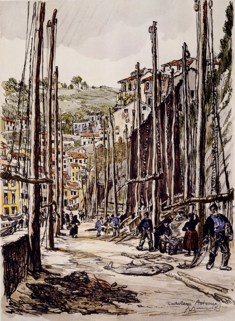 Rybáři tuňáků, Cudillero, asturské pobřeží od David Muirhead Bone