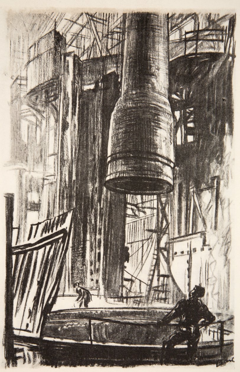 Dělostřelecká jáma: dělostřelecký plášť vjíždí do nádrže s olejem, ilustrace z knihy "The Western Front", vydavatelství Country Life Ltd. od David Muirhead Bone