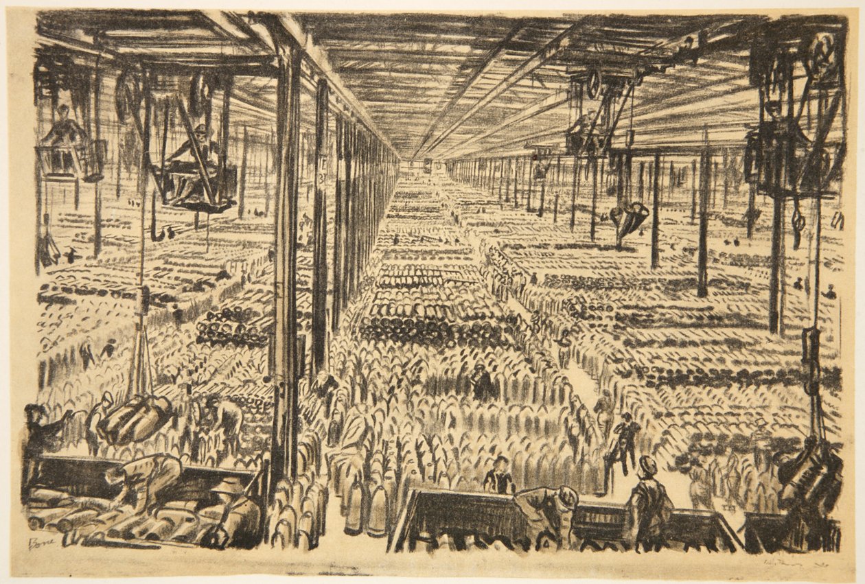 Hala s miliony nábojnic, ilustrace z knihy "The Western Front", vydavatelství Country Life Ltd. od David Muirhead Bone