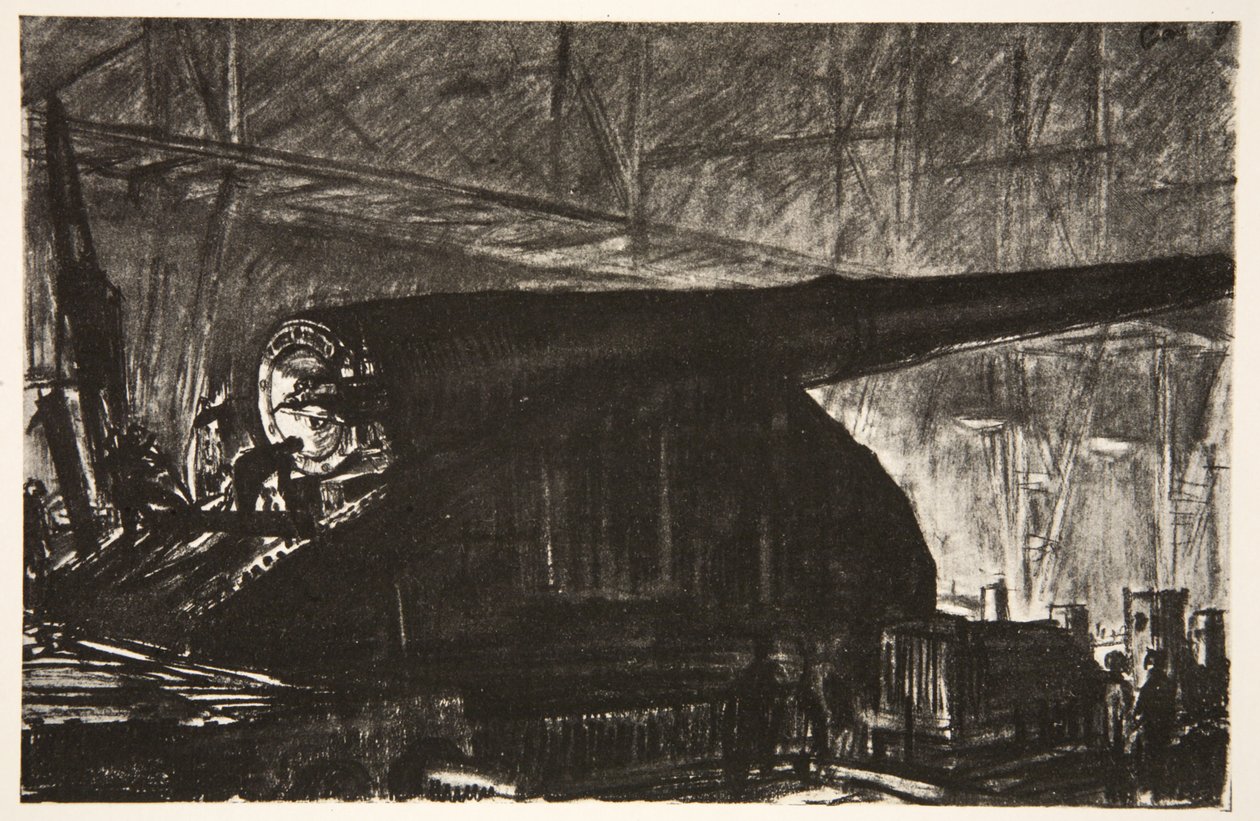 Noční směna při práci na velkém děle, ilustrace z knihy "The Western Front", vydavatelství Country Life Ltd. od David Muirhead Bone