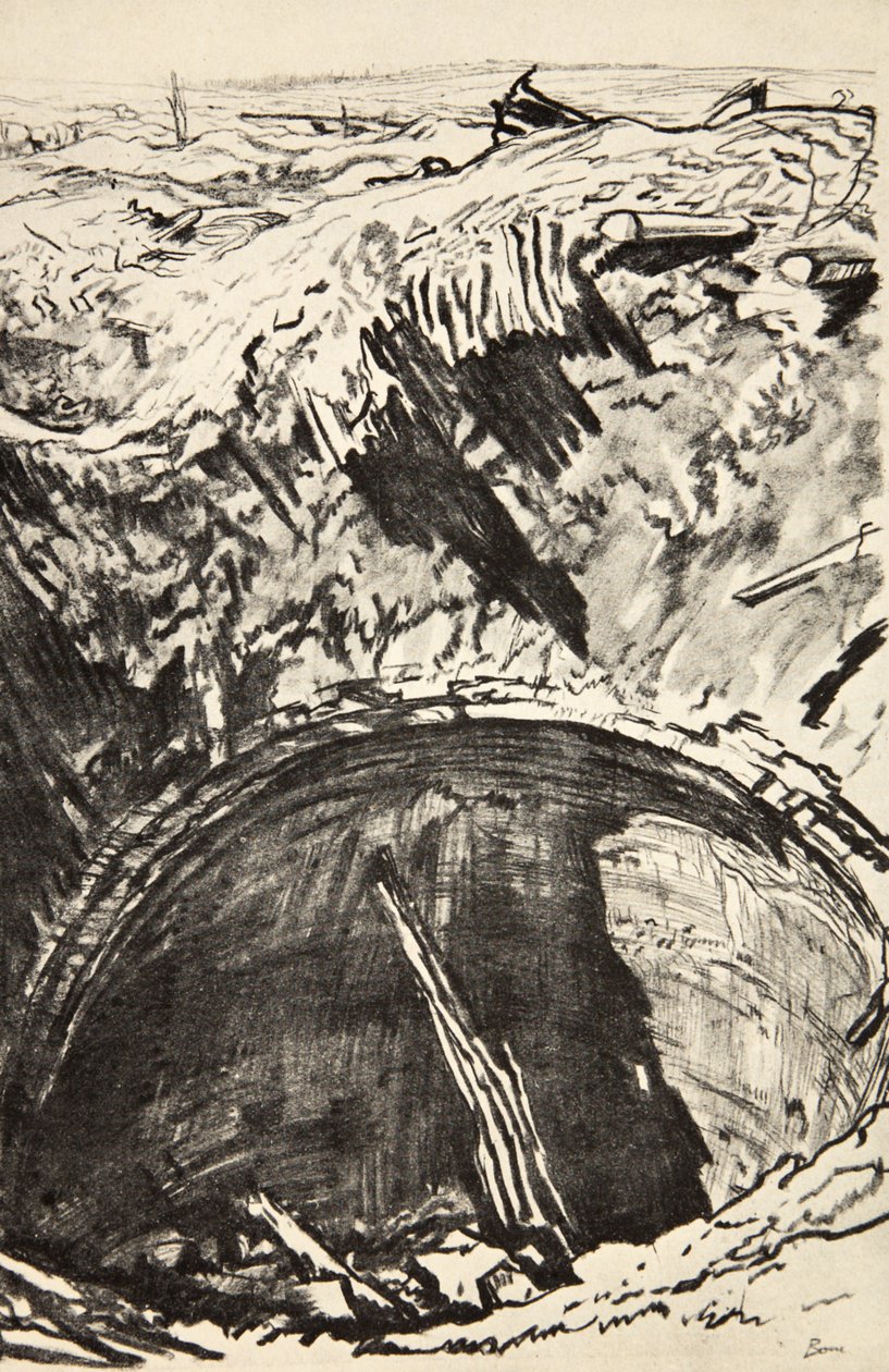 Jáma na farmě Mouquet, ilustrace z knihy "The Western Front", vydavatelství Country Life Ltd. od David Muirhead Bone