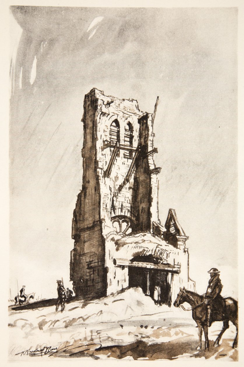 Zničená věž Becordel Becourt, ilustrace z knihy "The Western Front", vydavatelství Country Life Ltd. od David Muirhead Bone