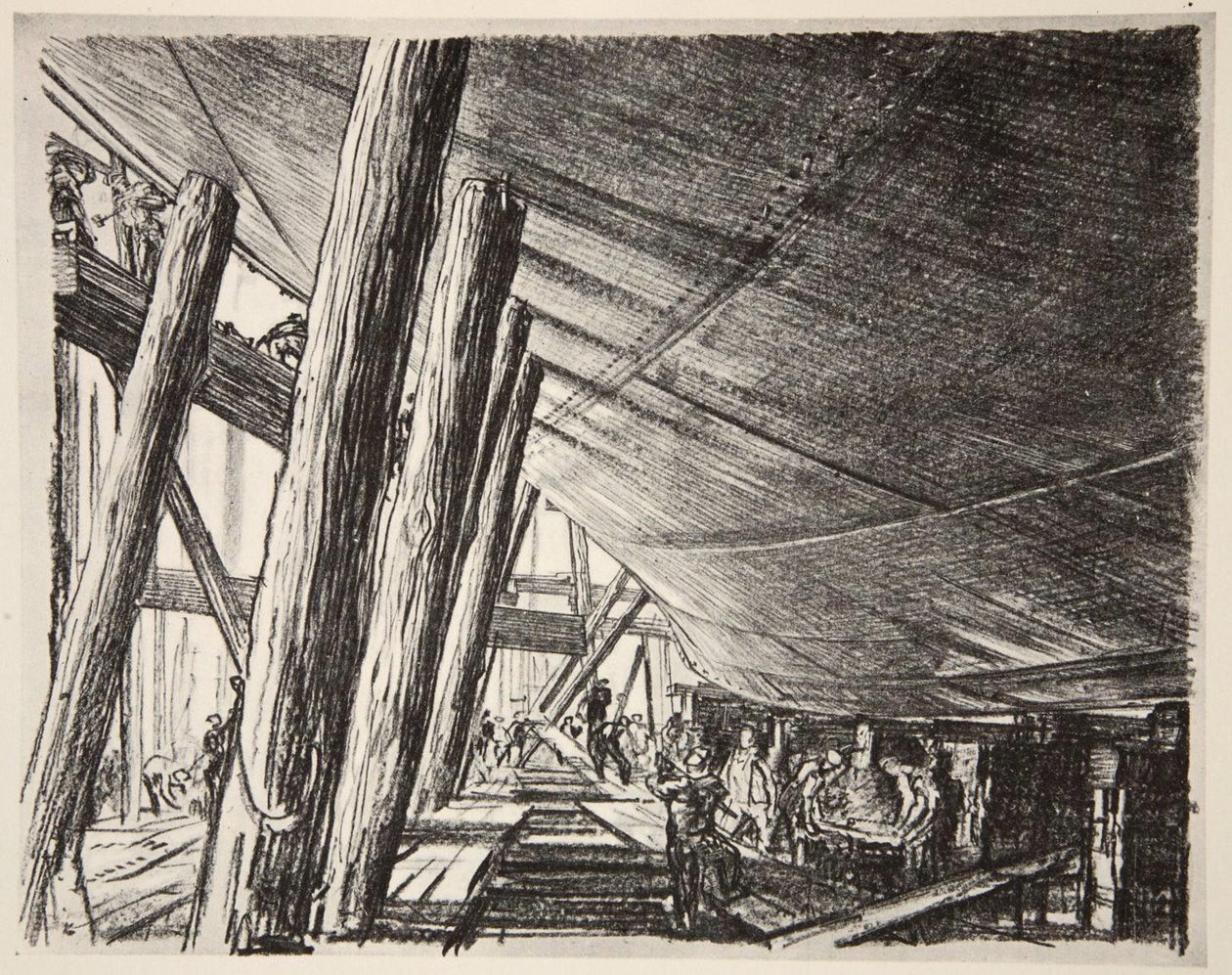 Pod lodí, ilustrace z knihy "The Western Front", vydavatelství Country Life Ltd. od David Muirhead Bone