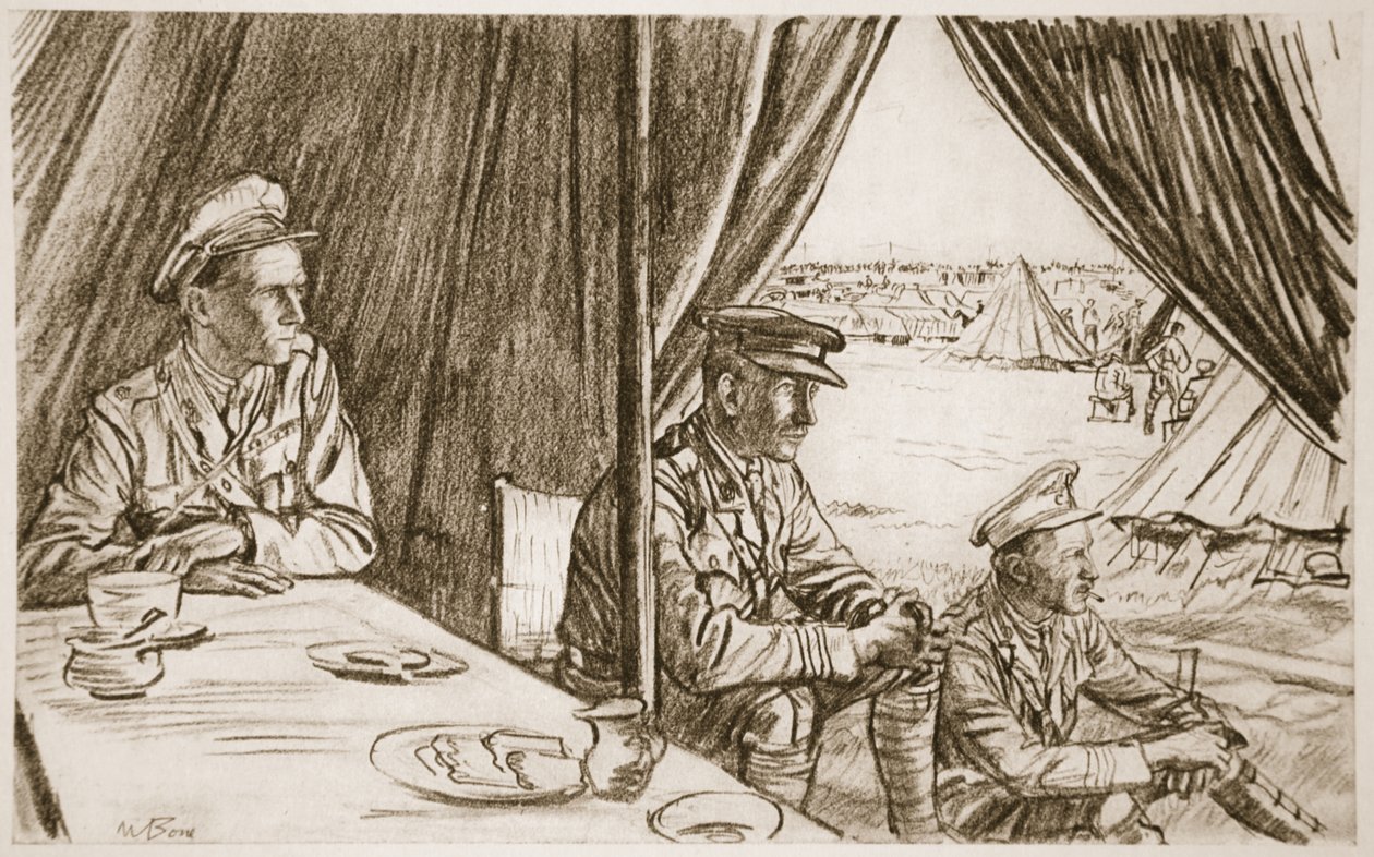 Čekání na raněné, ilustrace z knihy "The Western Front", vydavatelství Country Life Ltd. od David Muirhead Bone