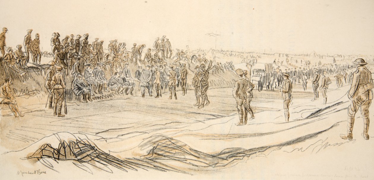 Pozorování německých zajatců, ilustrace z knihy "The Western Front", vydavatelství Country Life Ltd. od David Muirhead Bone