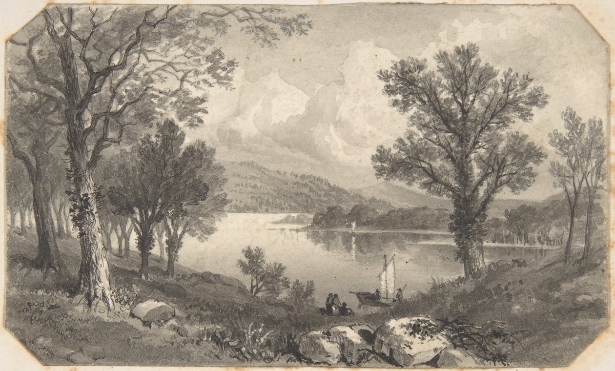 Pohled na jezero nebo řeku s plachetnicí od David Octavius Hill