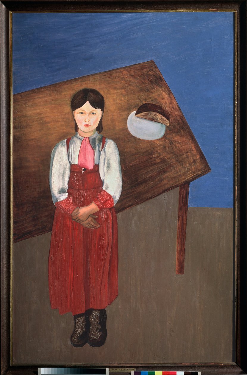 Aniška. (portrét melancholické holčičky před stolem). Obraz David Petrovič Sterenberg (1881-1948), olej na plátně od David Petrovich Sterenberg