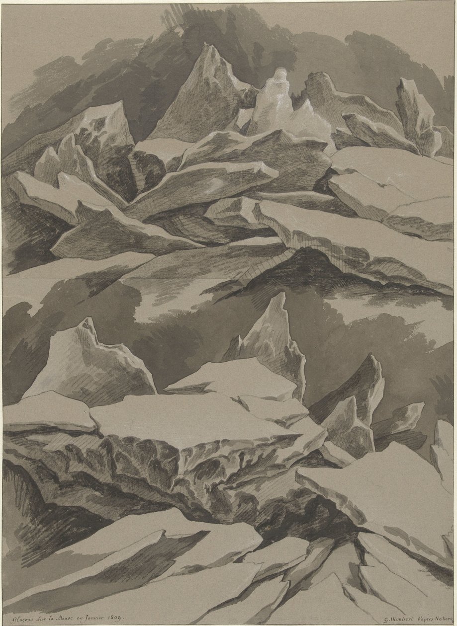 Ledové kry na Maas, leden 1809 Glaçons sur la Meuse en Janvier 1809 (název na objektu) od David Pièrre Giottino Humbert de Superville (signed by artist)