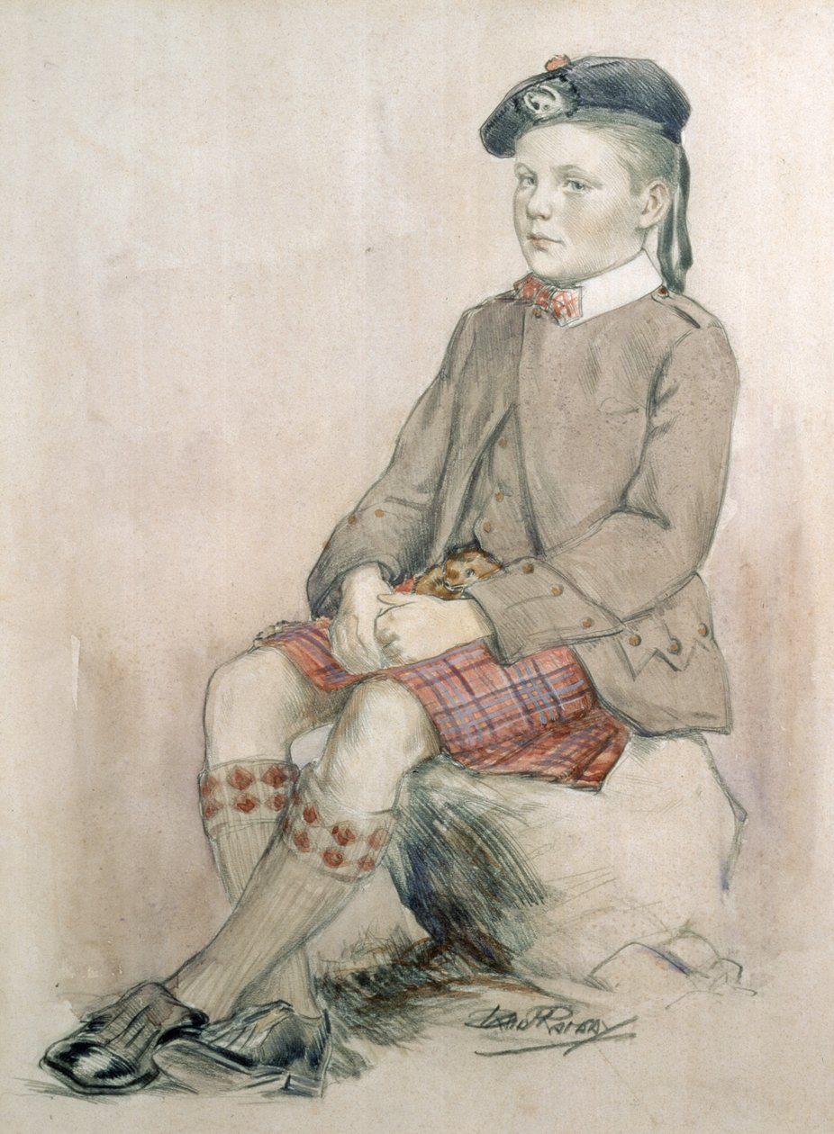 Princ z Walesu, po Edwardu VIII., ve věku 8 let, na sobě Royal Stewart Tartan od David Ramsay