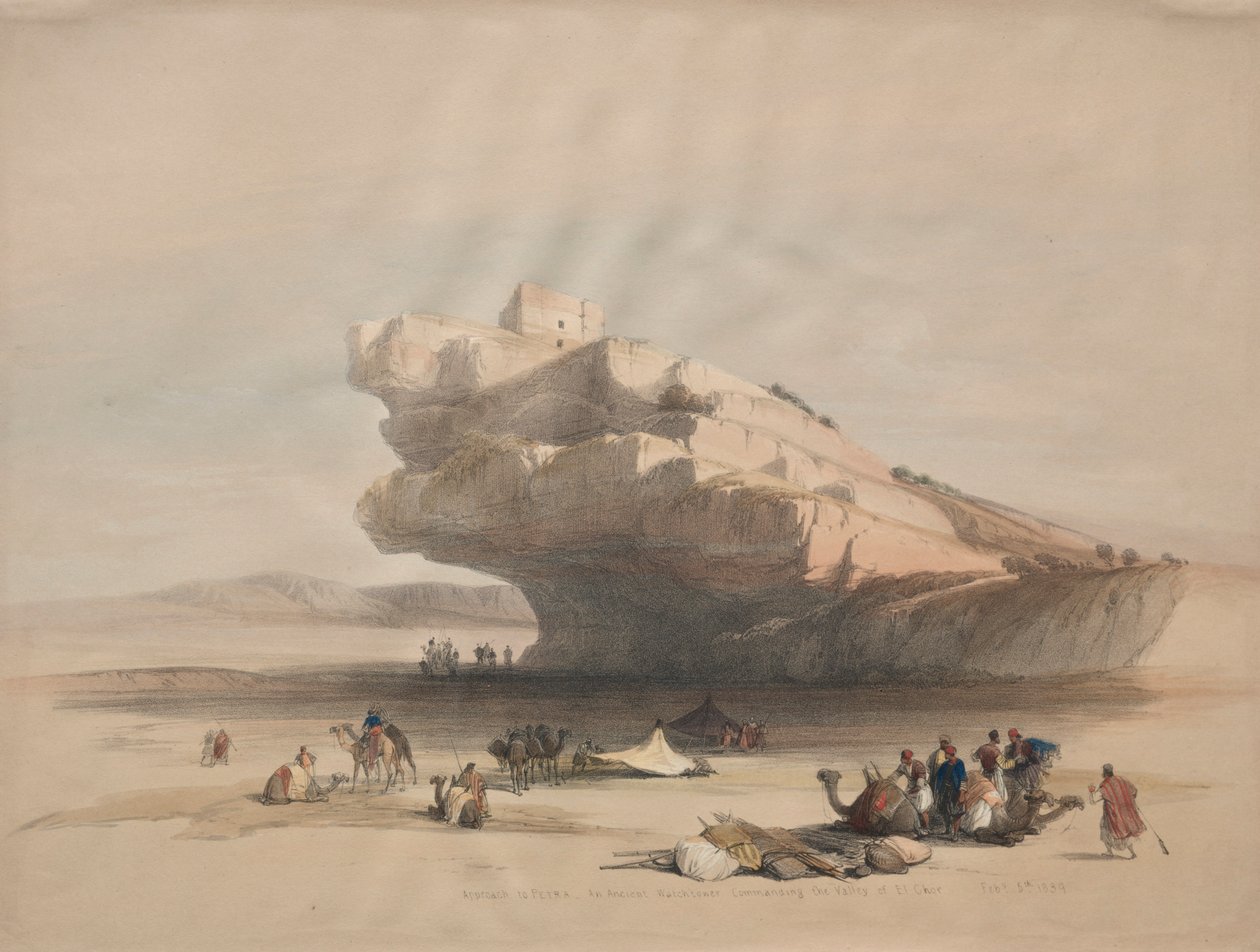 Přístup k Petře, starověké strážní věži ovládající údolí El Chor, 1839. od David Roberts