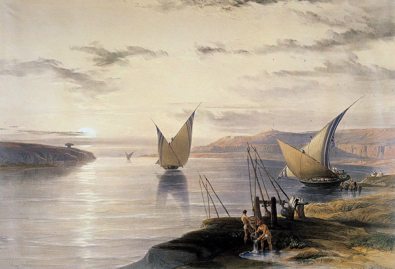 David Roberts (1796-1864) Britský (skotský) umělec. Akvarel "Lodě na Nilu". Vpravo dole se voda zvedá pomocí šadufu. Victoria and Albert Museum, Londýn od David Roberts