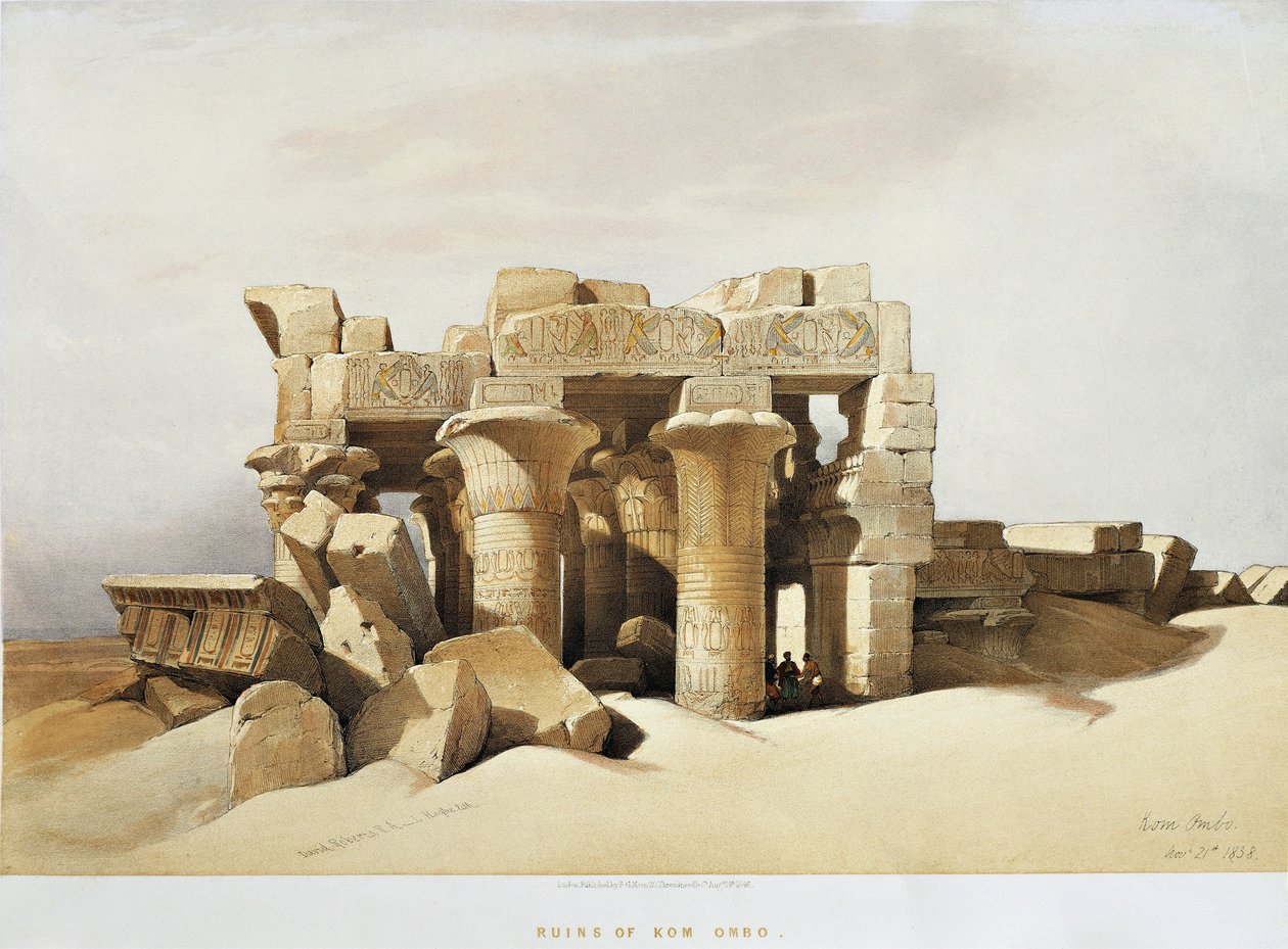 Egypt, Ruiny chrámu Kom Ombo zasvěcený Sobekovi a Horovi, od Davida Robertse, rytina od David Roberts
