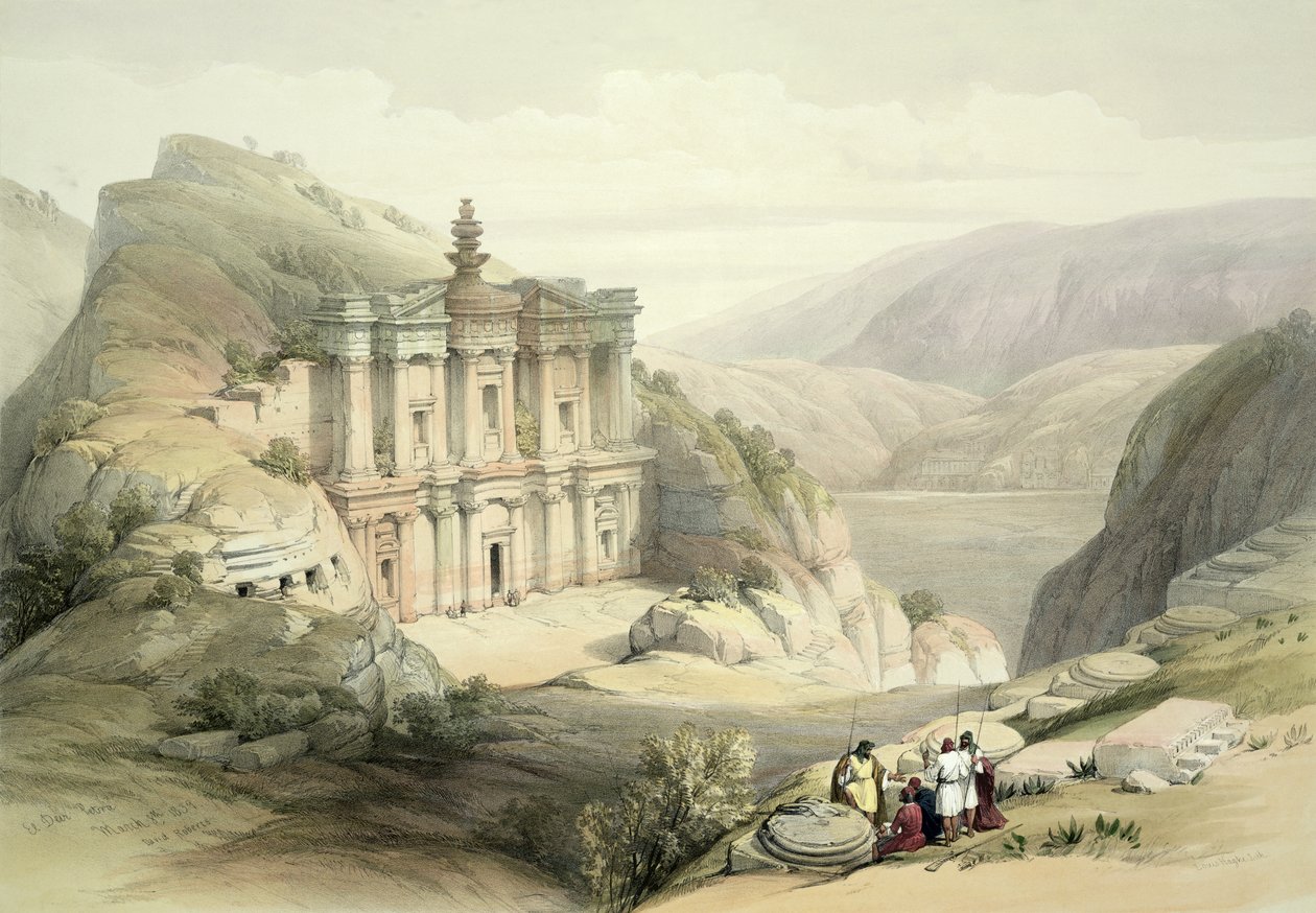 El Deir, Petra, 8. března 1839, deska 90 ze svazku III knihy "Svatá země", vyryl Louis Haghe (1806-85), vyd. 1849 od David Roberts