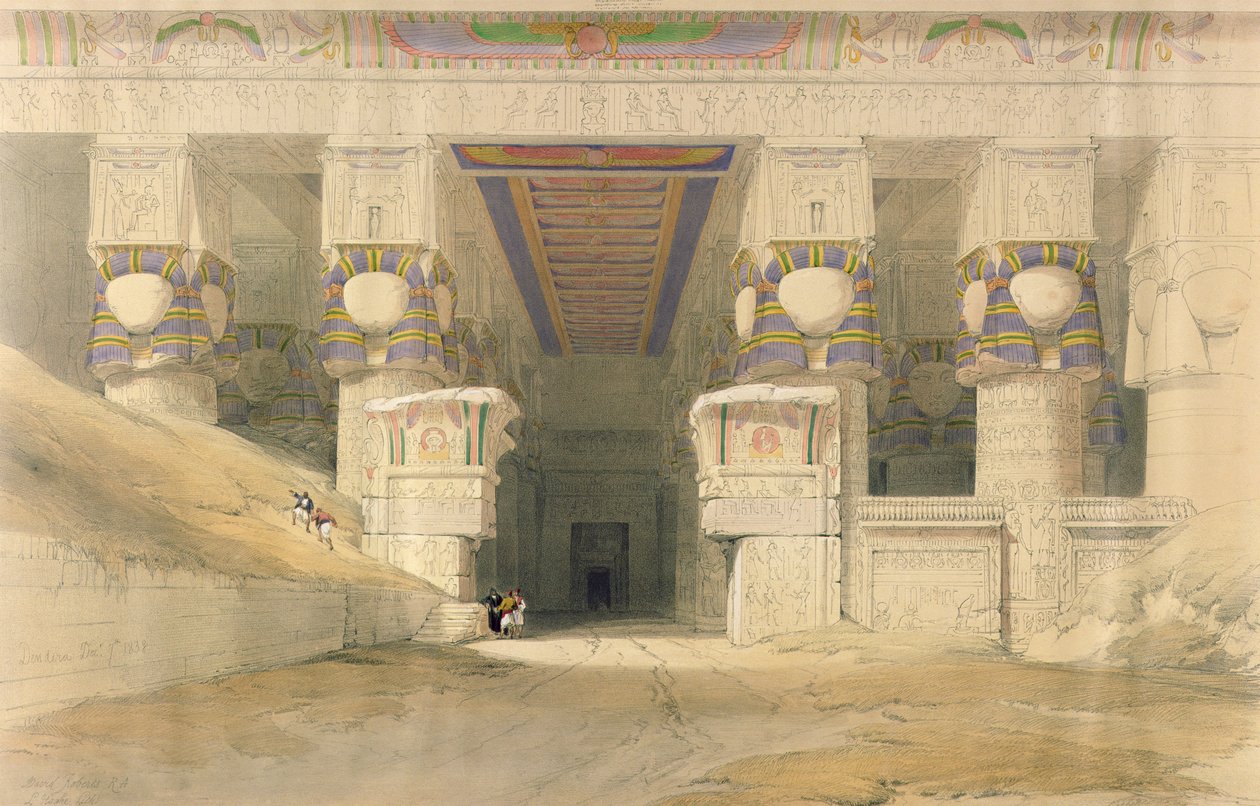 Fasáda chrámu Hathor, Dendarah, z „Egypta a Núbie“, vyryla Louis Haghe (1806-85), vydáno v Londýně, 1838 od David Roberts