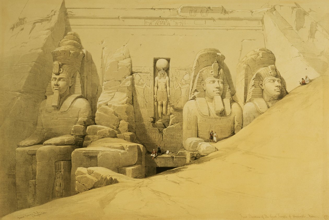 Přední pohled na Velký chrám Aboo Simbel, Nubia, deska 44 ze svazku II „Egypt a Nubia“, vyrytý hospodou Louis Haghe (1806-85). 1849 od David Roberts