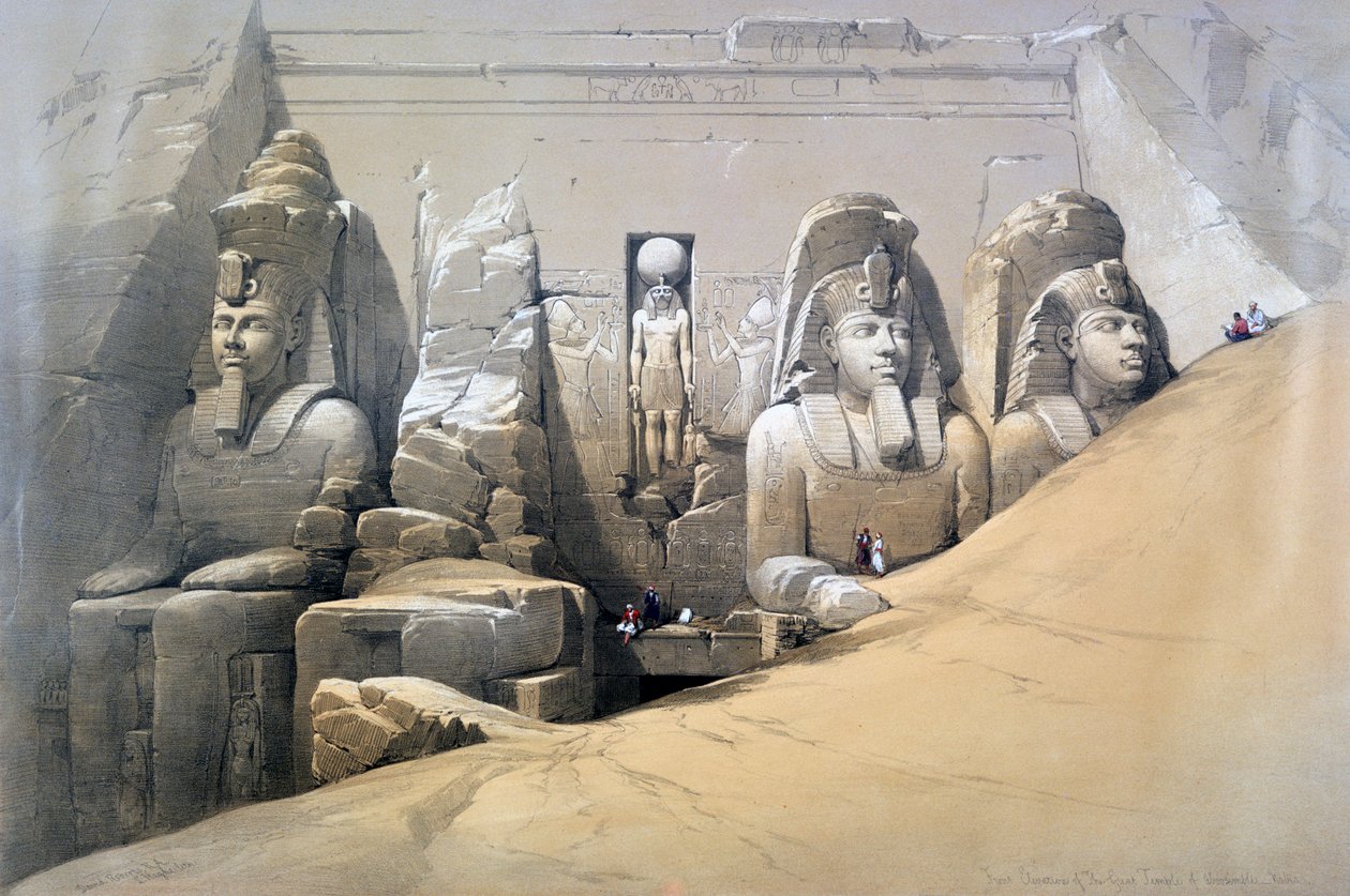 Přední část velkého chrámu Abu Simbel, Núbie, 19. století od David Roberts