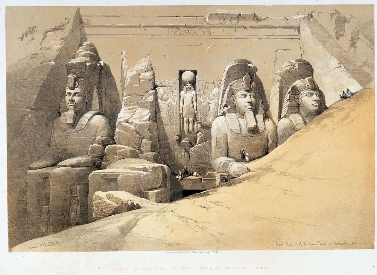 Čelní pohled na velký chrám Aboo Simbel (Abu Simbel, Abu nebo Abu Simbel), Nubia (Nubia) v „Svaté zemi“, Londýn 1849 od David Roberts