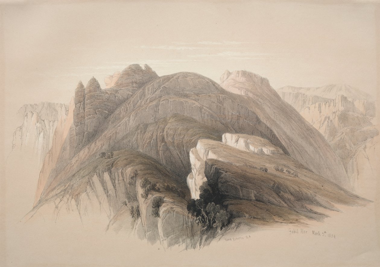 Gebil Hor. Mount Hor, z útesů obklopujících Petru od David Roberts