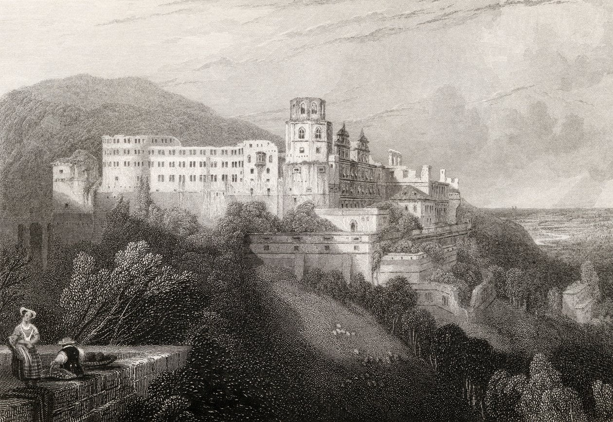 Zámek Heidelberg, Heidelberg, vyrytý J.T. Willmorem v „Poutníci Rýna“, vydáno 1840 od David Roberts