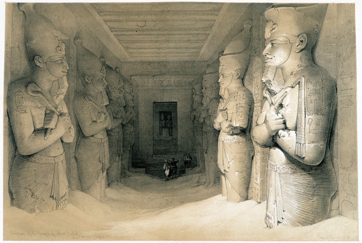 Interiér chrámu Aboo Simbel (Abu nebo Abu Simbel), kresba vytvořená 9.11.1836 ve „Svaté zemi“, Londýn 1849 od David Roberts