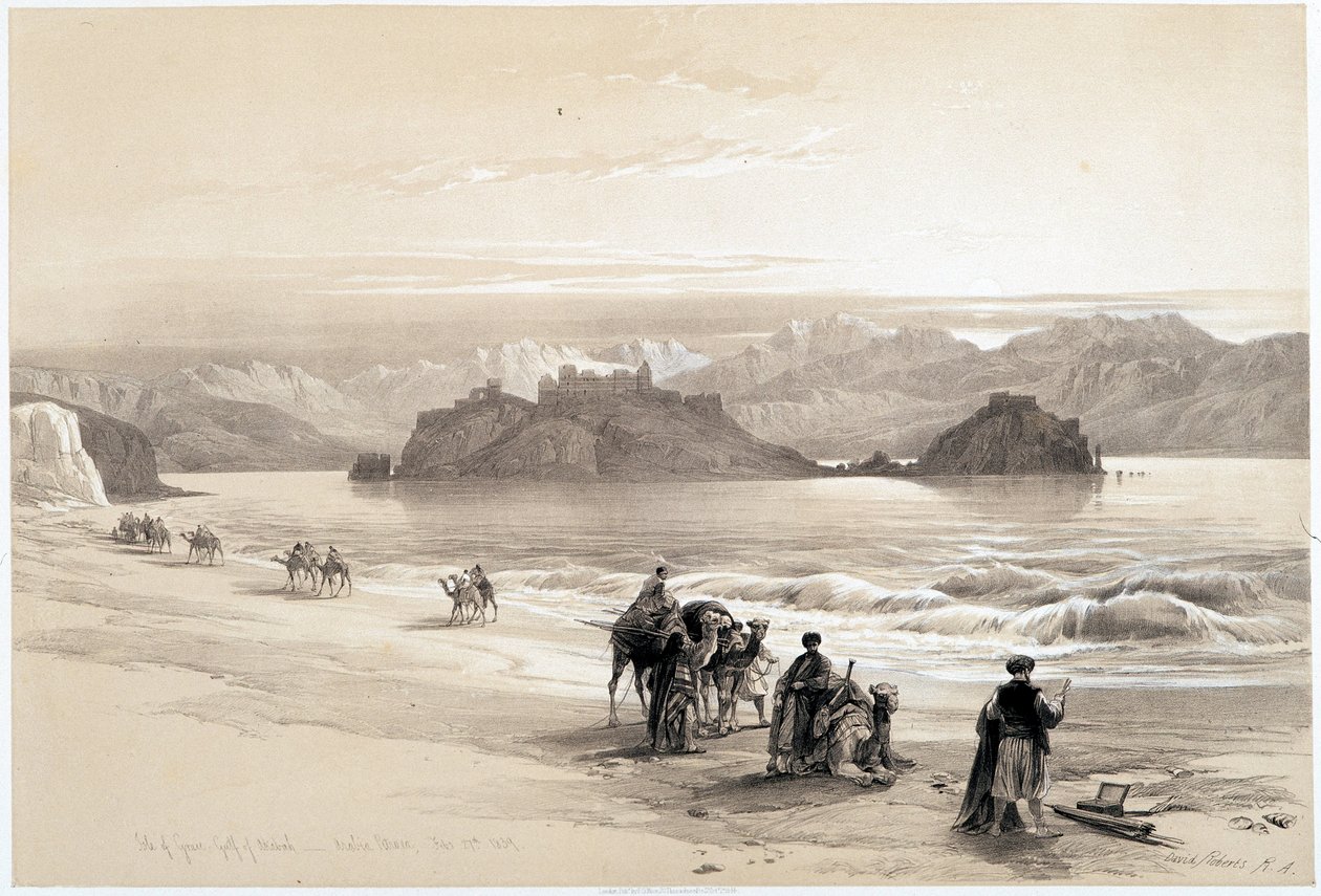 Ostrov Graia, záliv Akabah (Akaba nebo Aqaba), kresba vytvořená 27/02/1839 v „“Svaté zemi“, Londýn 1849 od David Roberts