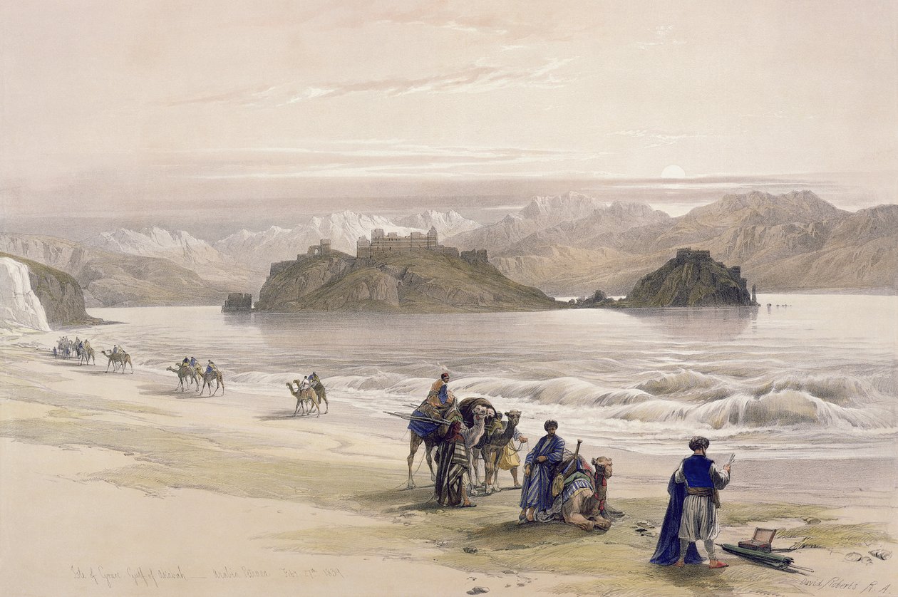 Ostrov Graie, Záliv Akabah, Arábie Petraea, 27. února 1839, deska 108 ze svazku III „Svatá země“, vyryl Louis Haghe (1806-85) pub. 1849 od David Roberts