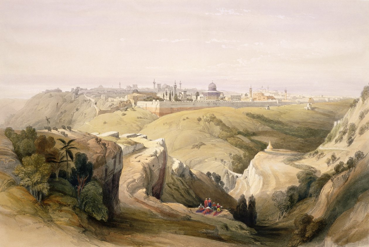 Jeruzalém z Olivové hory, 8. dubna 1839, deska 6 ze svazku I knihy "Svatá země", kterou vyryl Louis Haghe (1806-85), vyd. 1842 od David Roberts